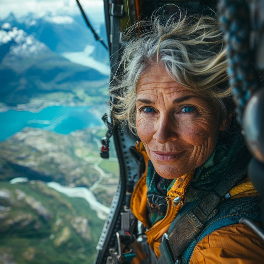 Kvinne i åpen helikopterdør over norsk fjordlandskap